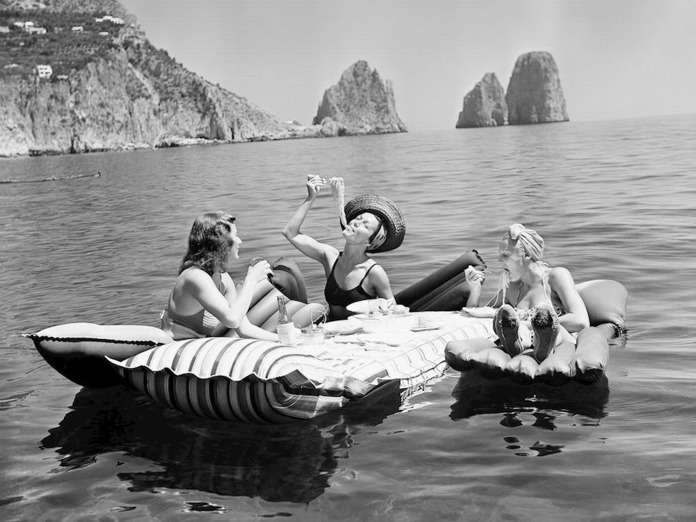 Eating Pasta on a Lake, Three Women On Raft, Funny Black and White Vintage Photo