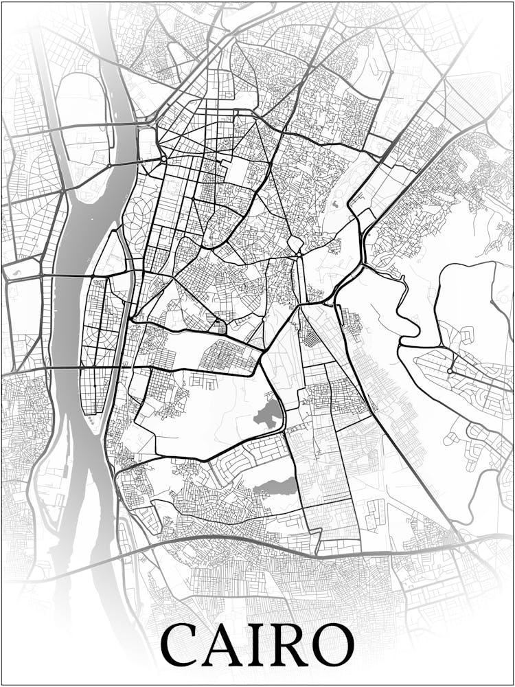 Cairo, Egypt, City Map, Black And White Fade Design