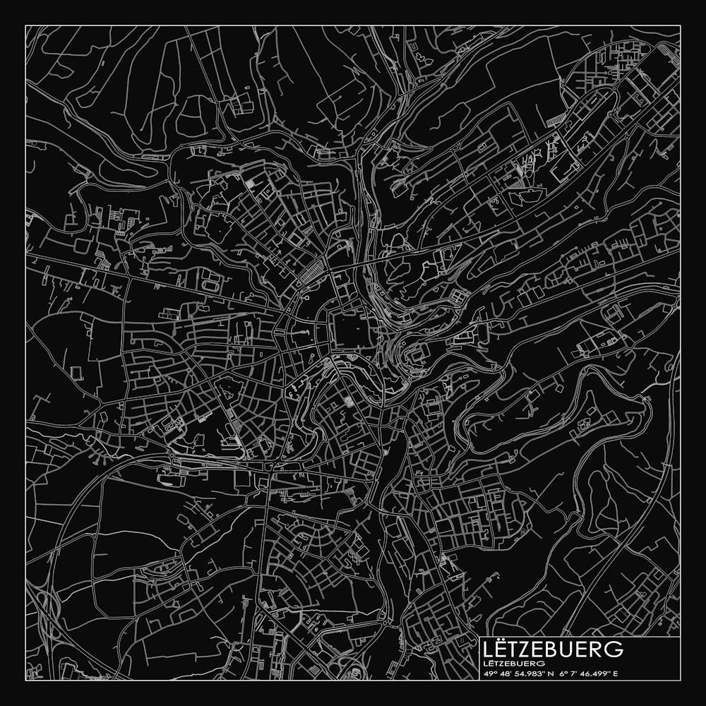 Lëtzebuerg, Lëtzebuerg, City Map White On Black Blueprint Design