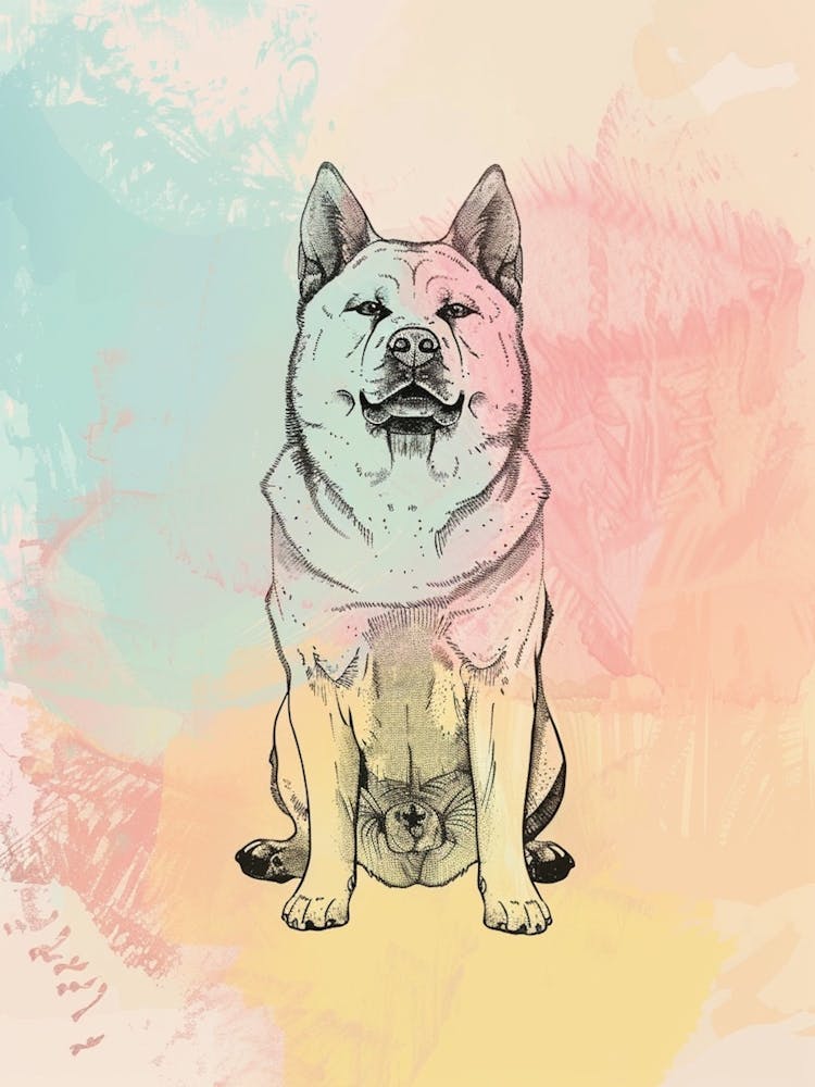 Akita Dog Pastel Line Watercolour Illustration  2