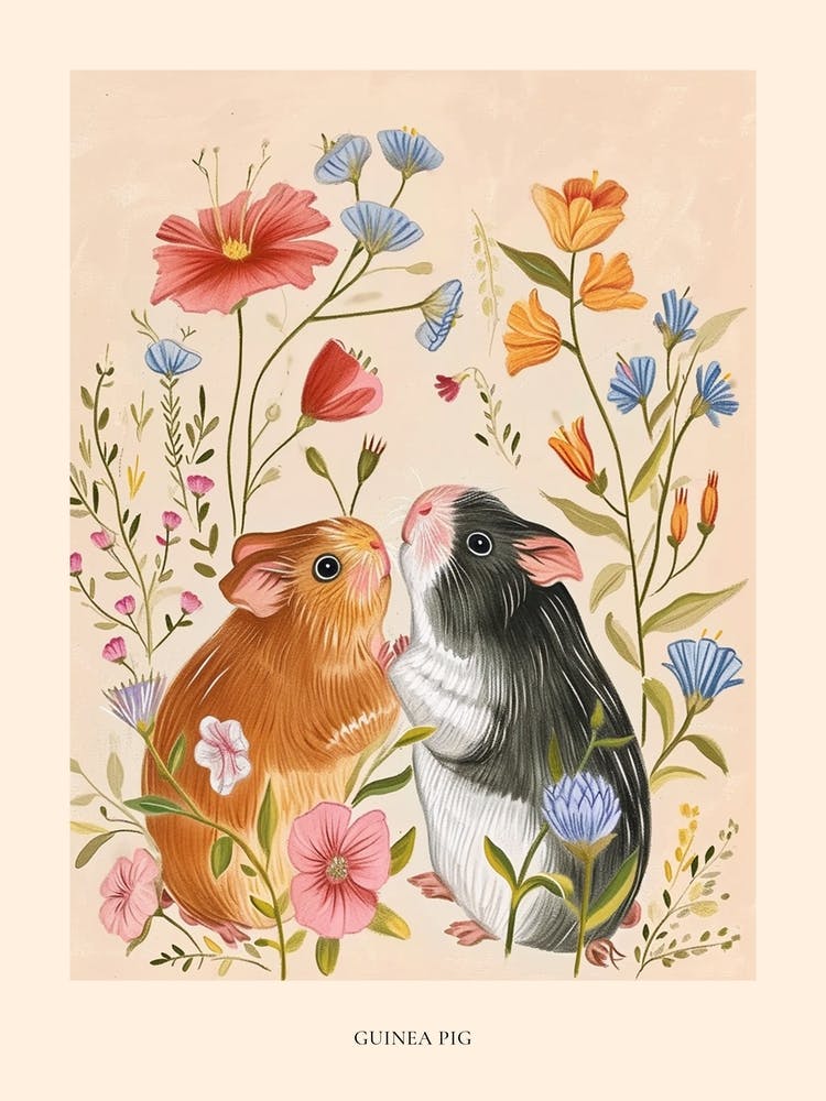 Folksy Floral Animal Drawing Guinea Pig Poster