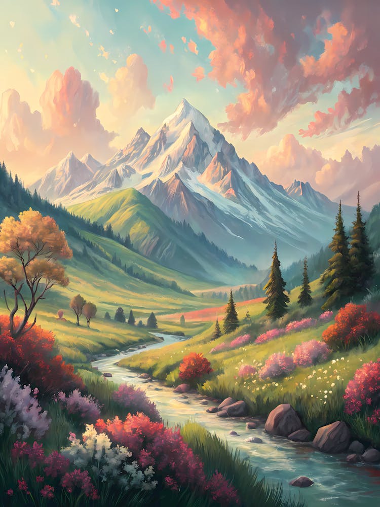 Vibrant Mountain Valley Spring Landscape with Wildflowers and Stream