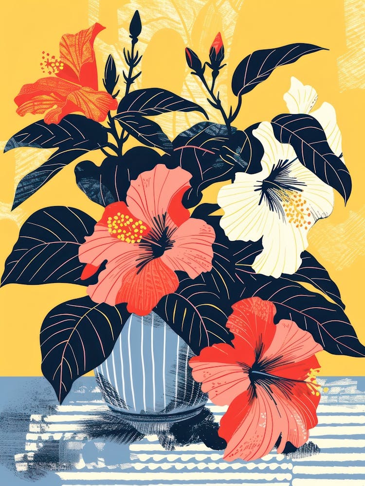 Hibiscus Flowers On A Table   Contemporary Illustration 2