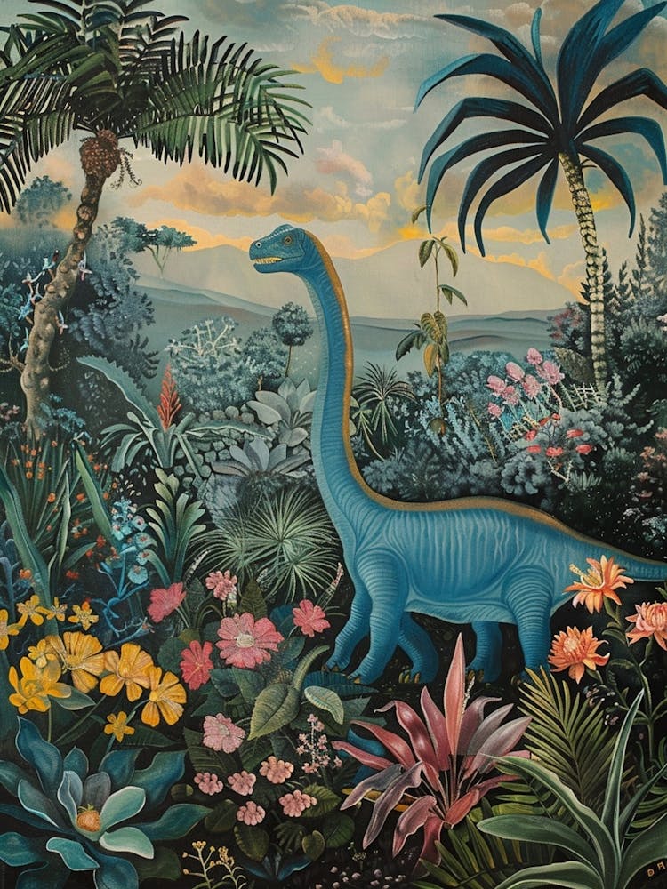 Dinosaur With Tropical Leaves Painting 2