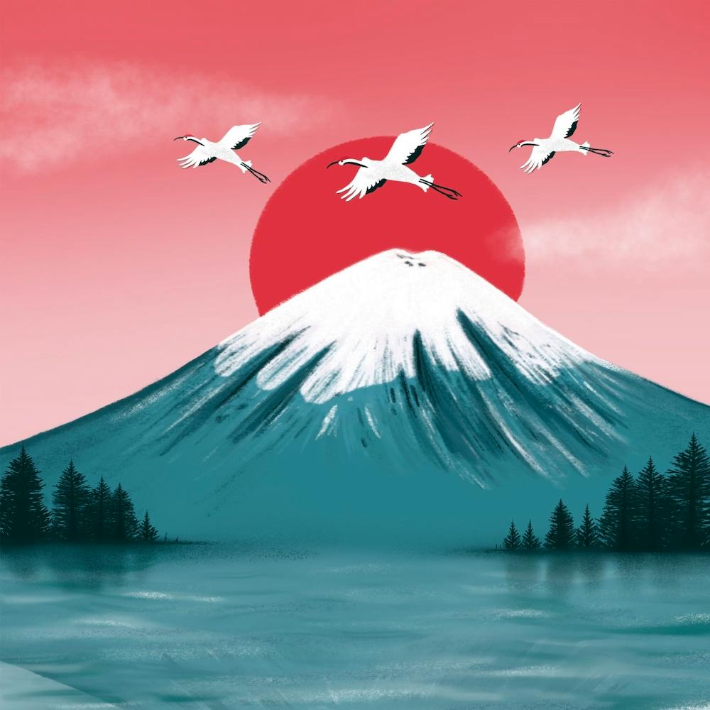 Cranes Over Mount Fuji