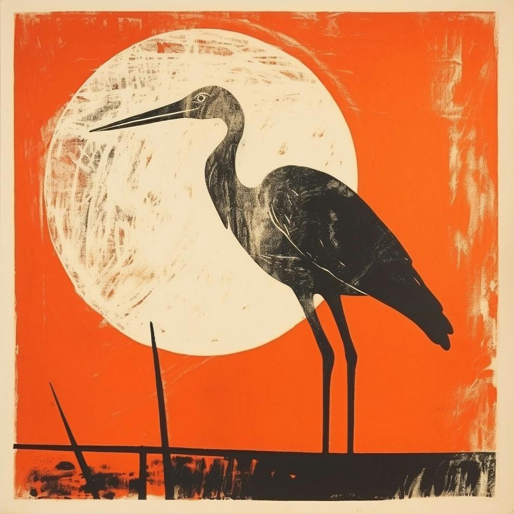 Retro Bird Lithograph Stork 1