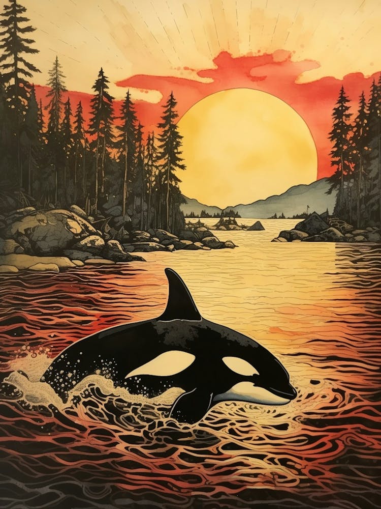 Orca Whale Swiming With Sunset Red