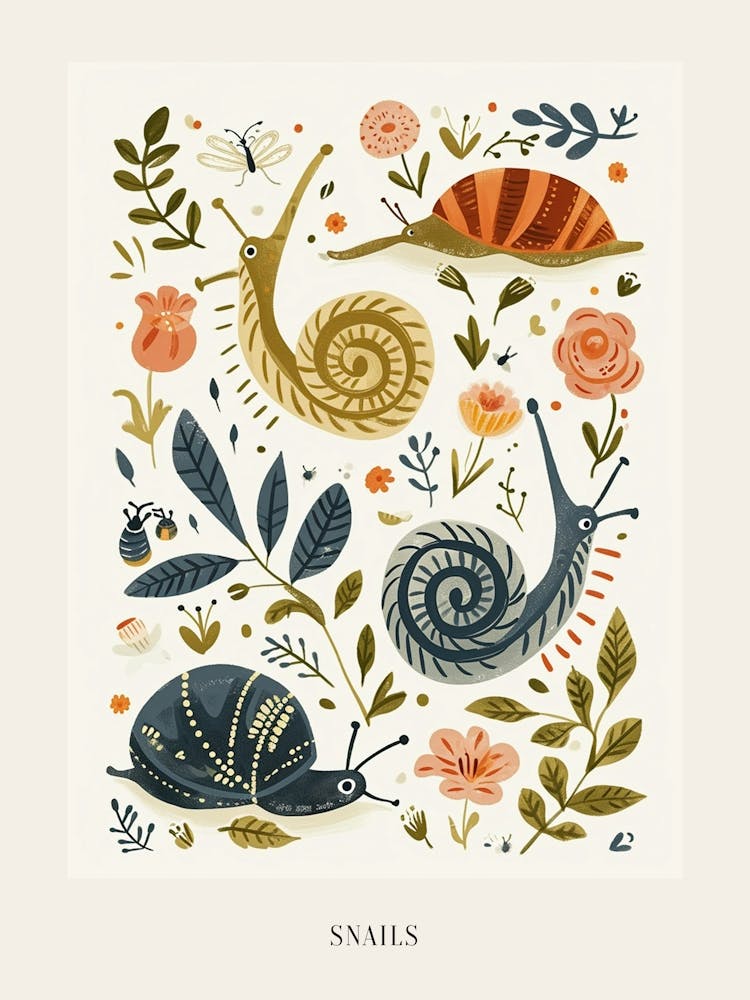 Colourful Insect Illustration Snails Poster
