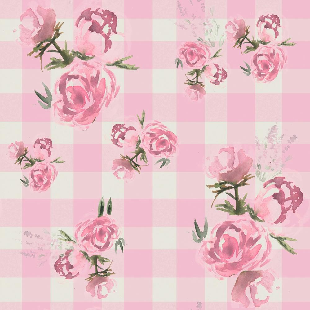 Gingham Ditsy Watercolor Flowers Pink