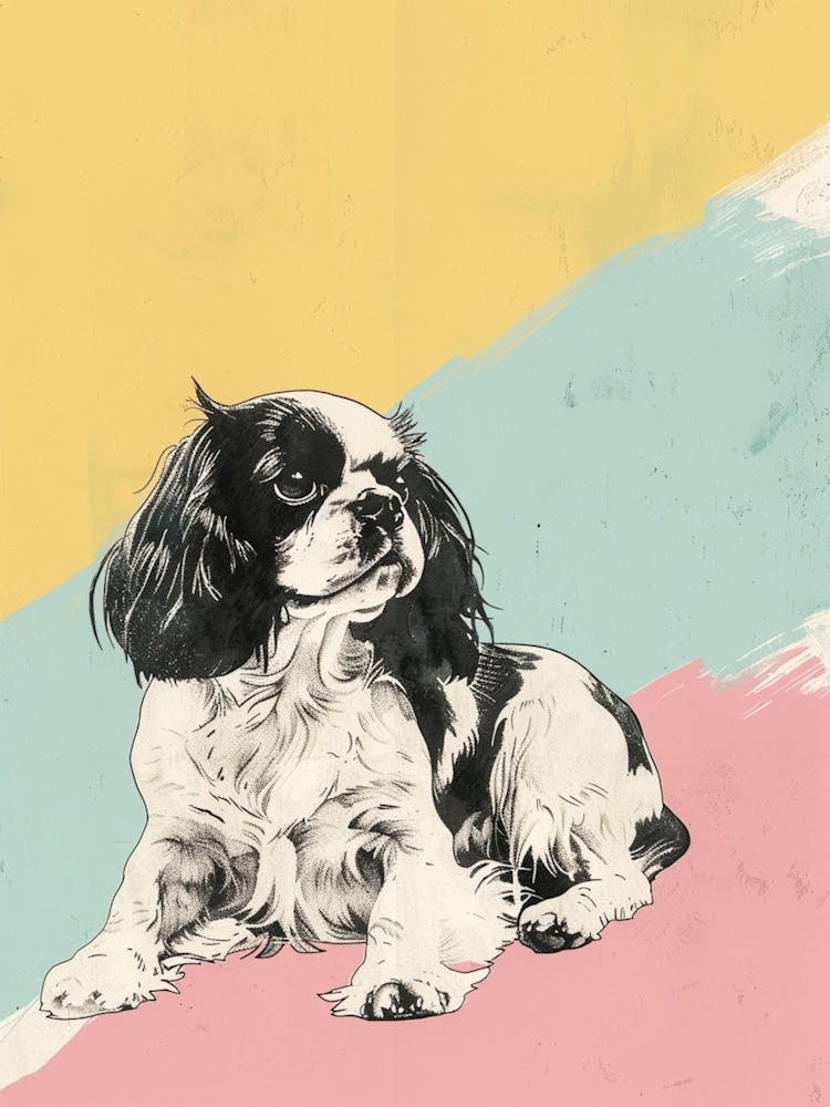 Cavalier King Charles Dog Pastel Line Watercolour Illustration 1