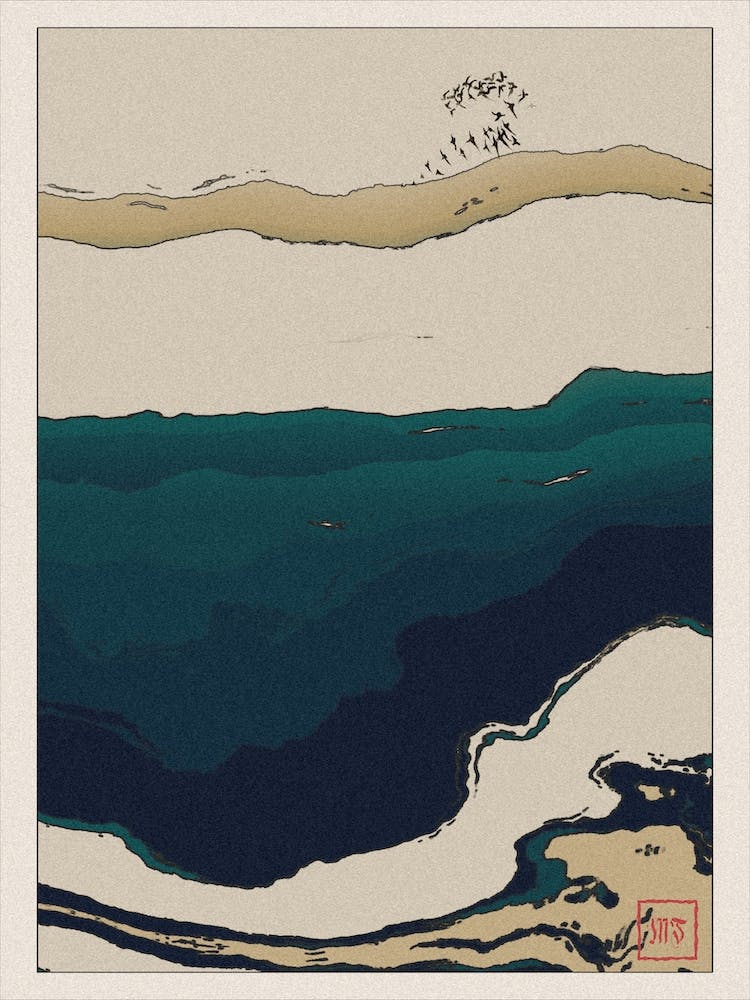 Abstract Coastal Landscape Inspired By Minimalist Japanese Ukiyo E Painting Style 2