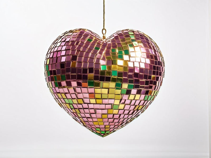 Heart Shaped Disco Ball Crafted In Gold Mesh Intertwining Sparkles Of Pink Orange Purple Green H 1