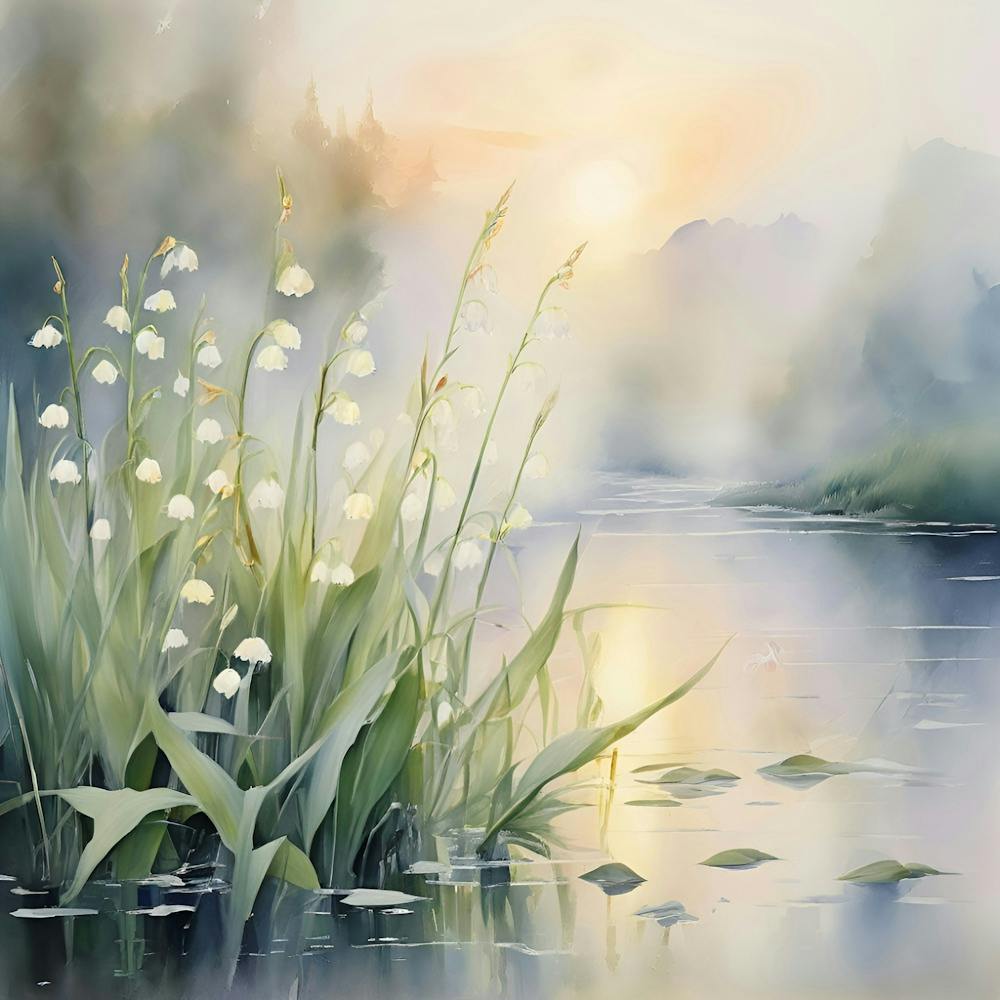 A Lily Of The Valley Along A Misty Rivers Edge At Dawnwatercolor On Paper Soft Brush Strokes Pas (2)