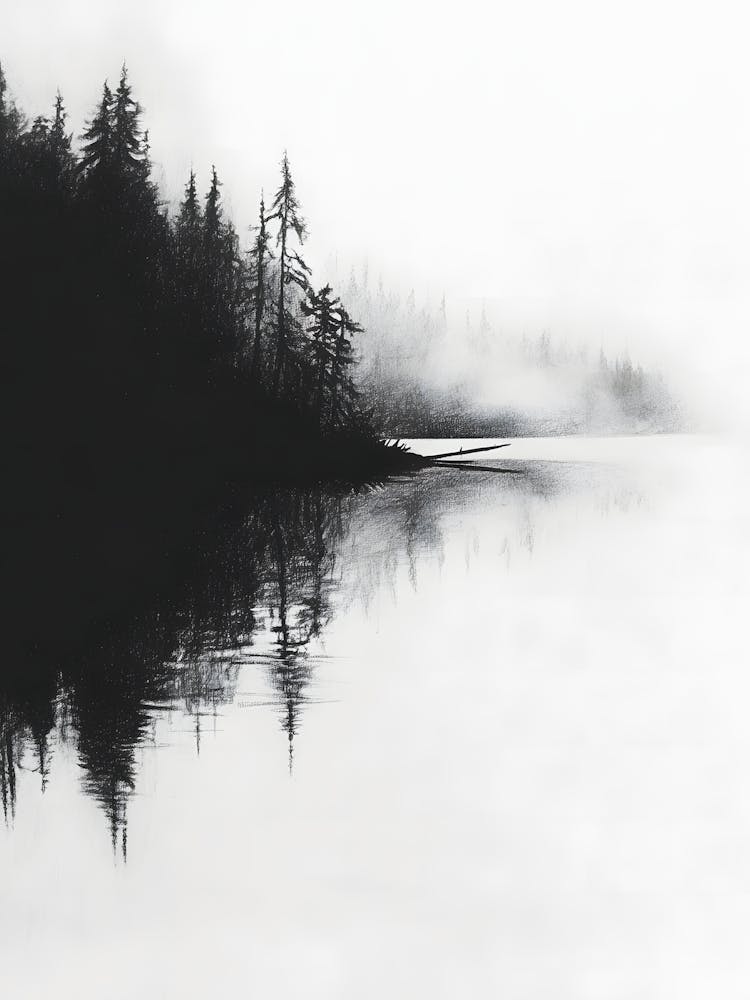 Charcoal Pencil Drawing Fog On A Lake