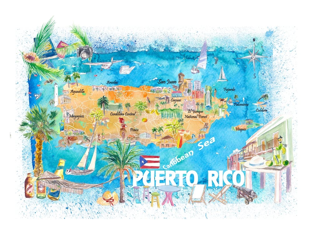 Puerto Rico Caribbean Illustrated Travel Map With Roads And Highlights