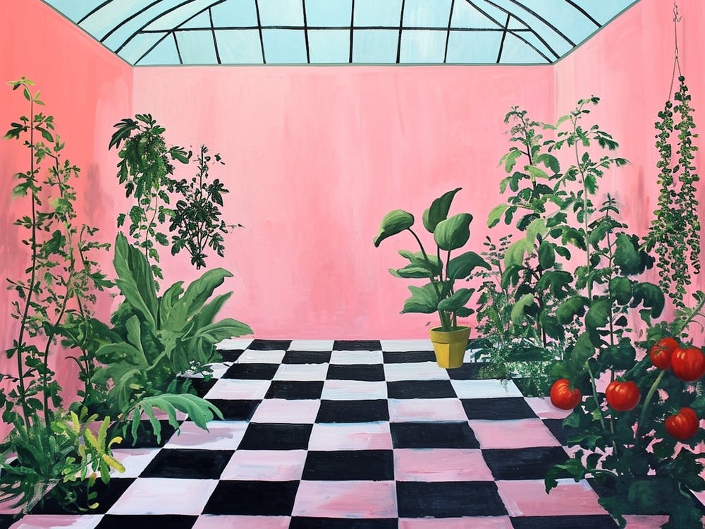 Plants Growing In A Minamalist Pink Greenhouse
