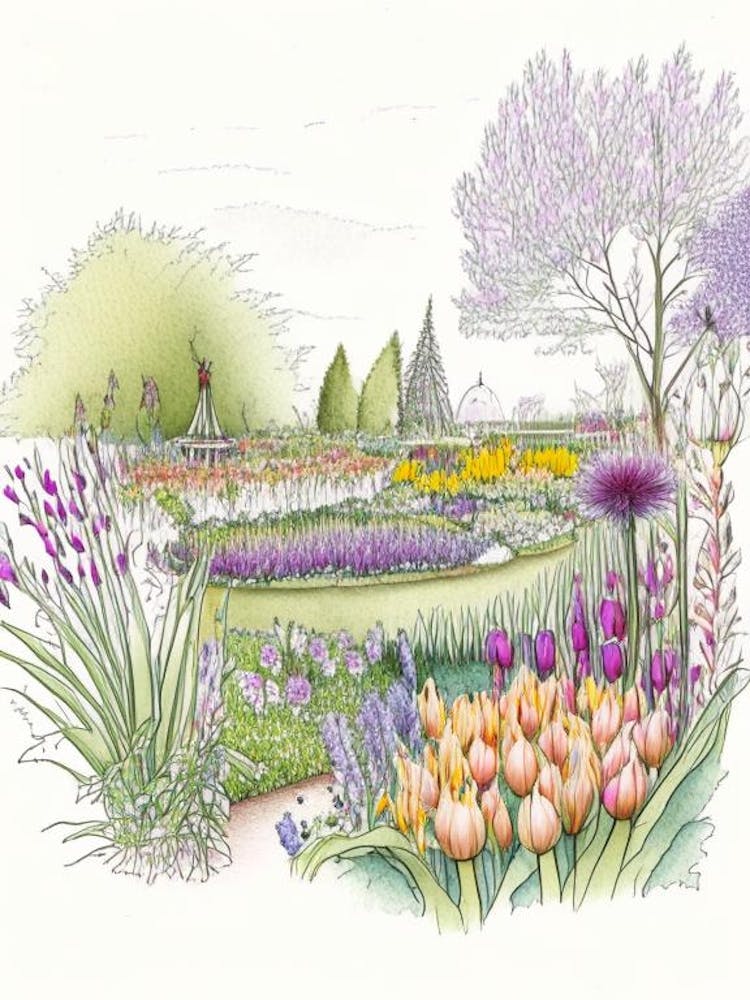 Keukenhof Gardens, Netherlands Vintage Pencil Drawing