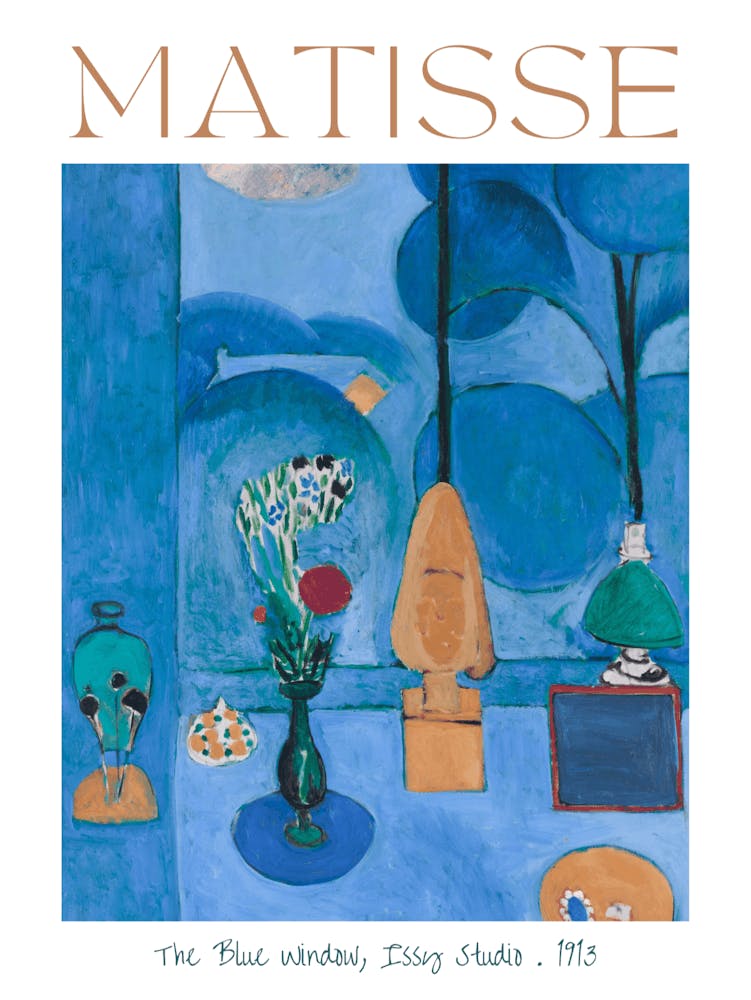 The Blue Window 1913 by Henri Matisse - View from Henri and Amélie Matisse Issy Studio Window - HD High Resolution Poster Print Labelled Mid Century Feature Wall Vibrant