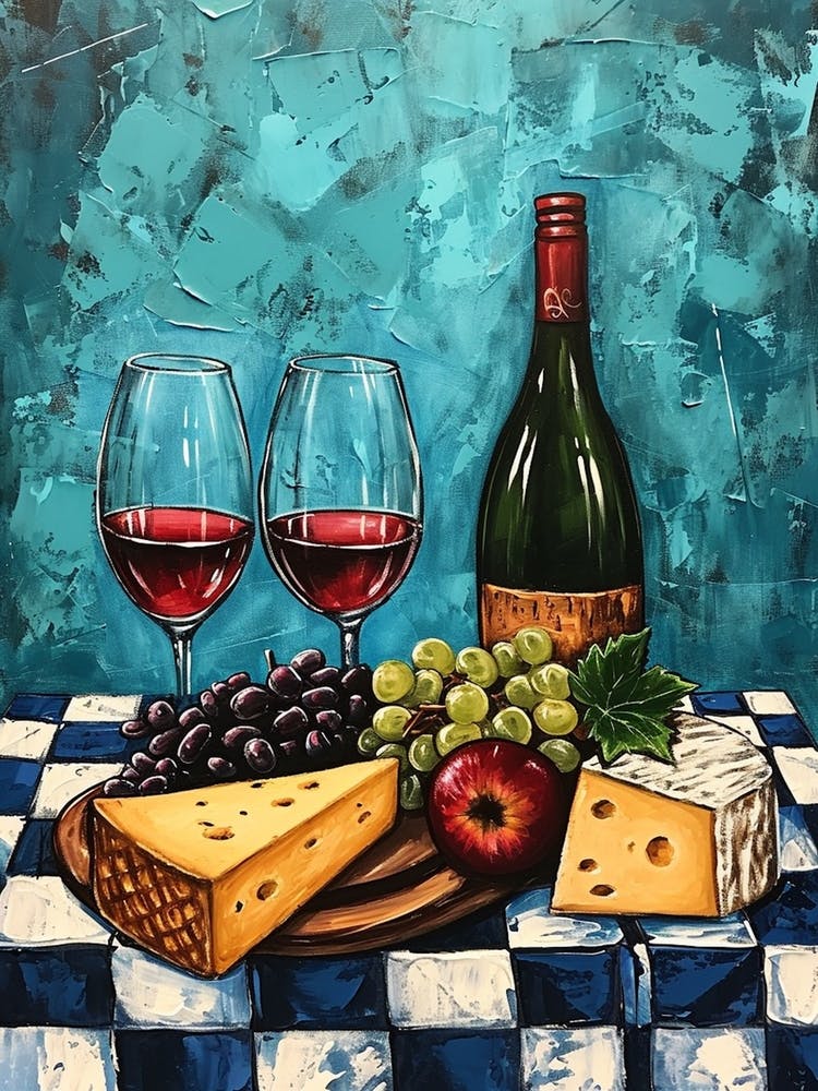 Wine Cheese & Grapes Blue Checkerboard 2