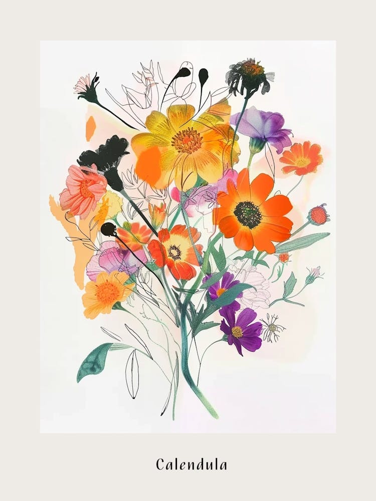 Calendula Collage Flower Bouquet Poster