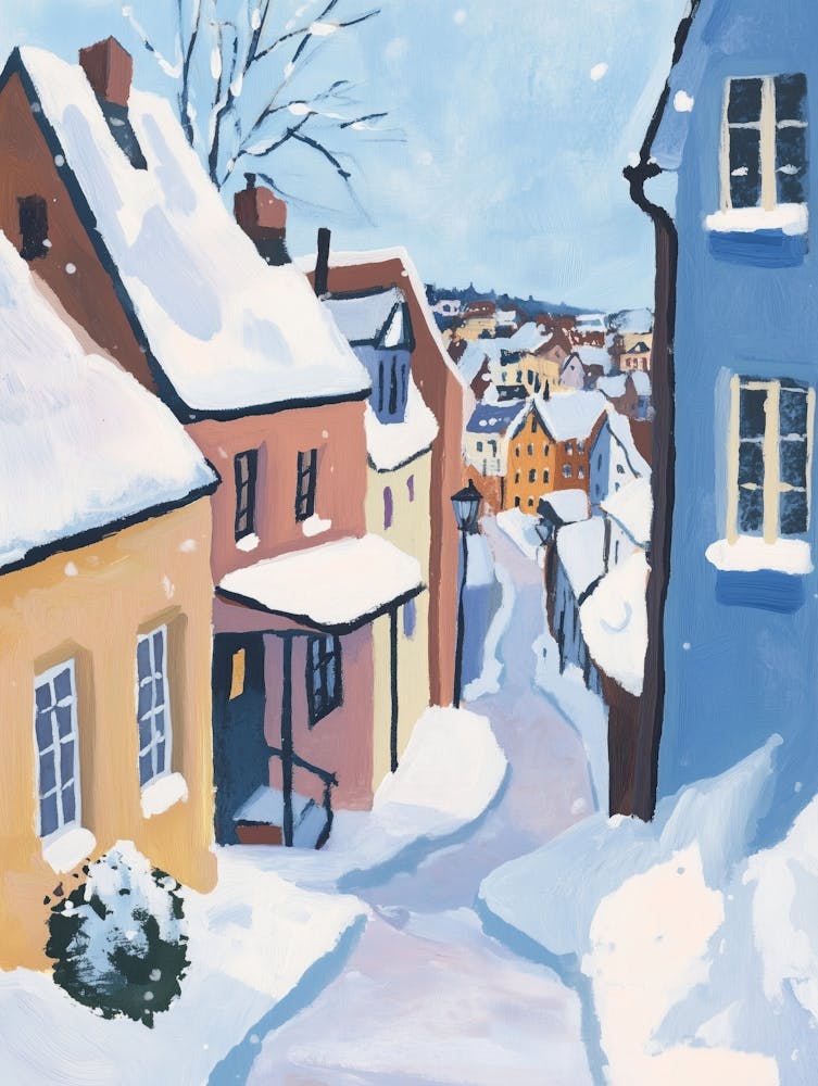 Quiet Winter Morning in Town Gouache Painting