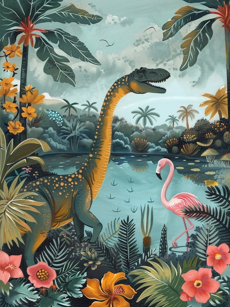 Dinosaure avec flamant rose Peinture 1