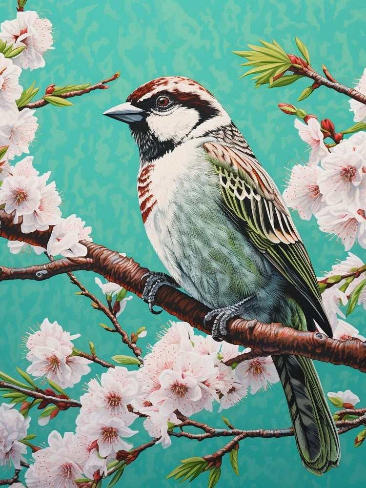 Ohara Koson Inspired Bird Painting House Sparrow 2