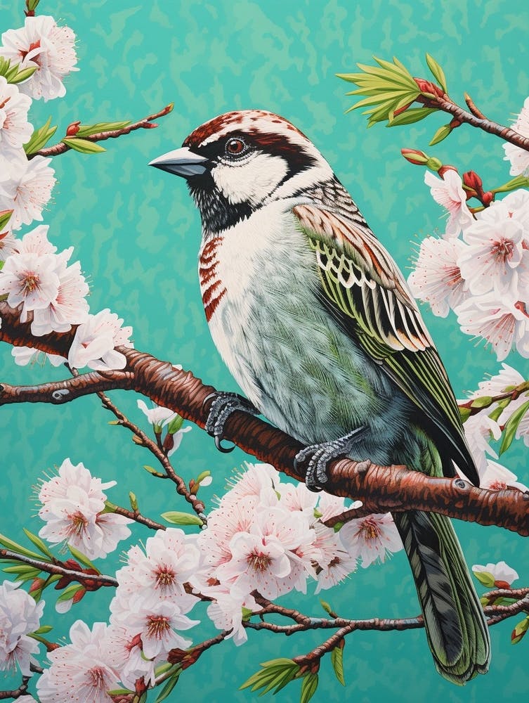 Ohara Koson Inspired Bird Painting House Sparrow 2