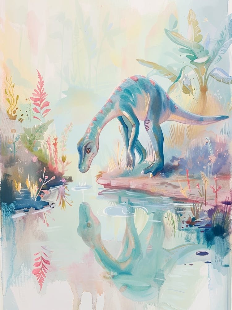 Dinosaur Drinking From A Watering Hole Watercolour Illustration 3