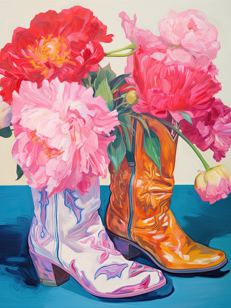 Oil Painting Of Hydrangea Flowers And Cowboy Boots, Oil Style 1