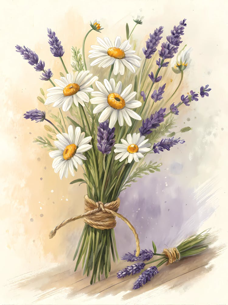 Oil Painting Style Rustic Daisy & Lavender Bouquet Farmhouse Floral Still Life