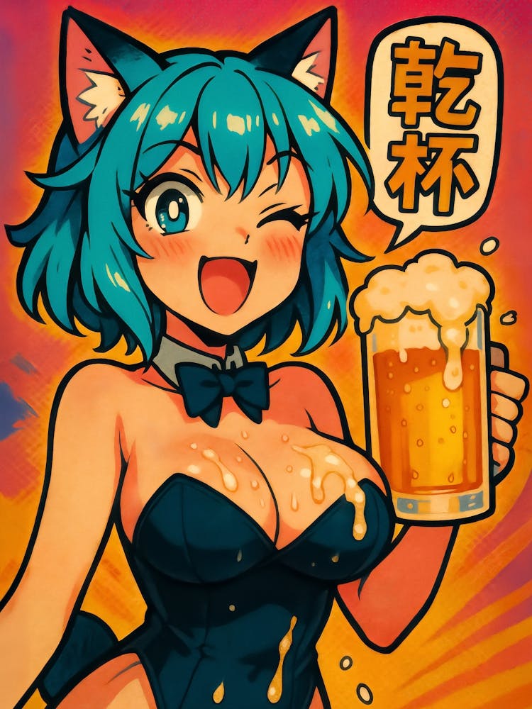 Drunk Catgirl Beer Poster – Anime Bar Cosplay: Busty anime catgirl in cosplay winks at you from a Japanese bar. This playful scene features beer, boobs, kawaii energy, and party-ready vibes – the perfect blend of hentai, alcohol, and sexy girl art with ca