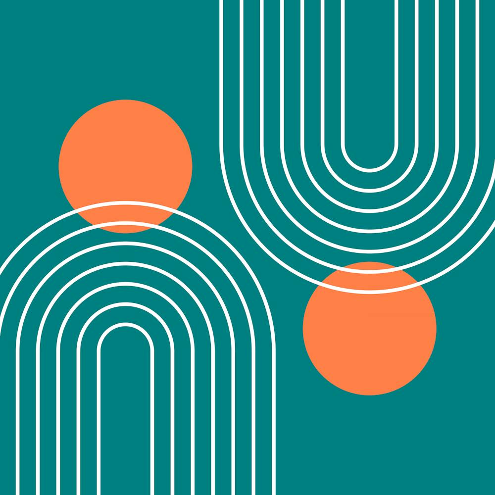 Mid Century Modern Geometric C33 In Teal Coral (Rainbow And Sun Abstract) 02