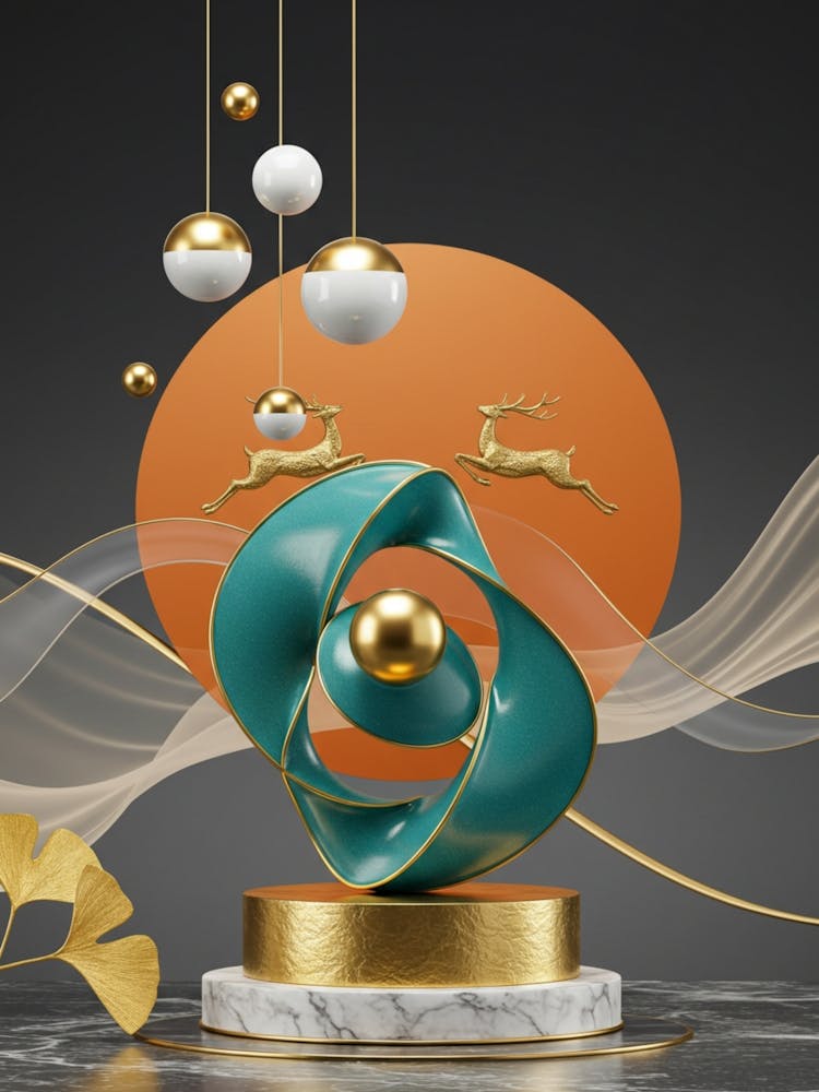 Abstract Teal and Gold Sculpture with Geometric Elements