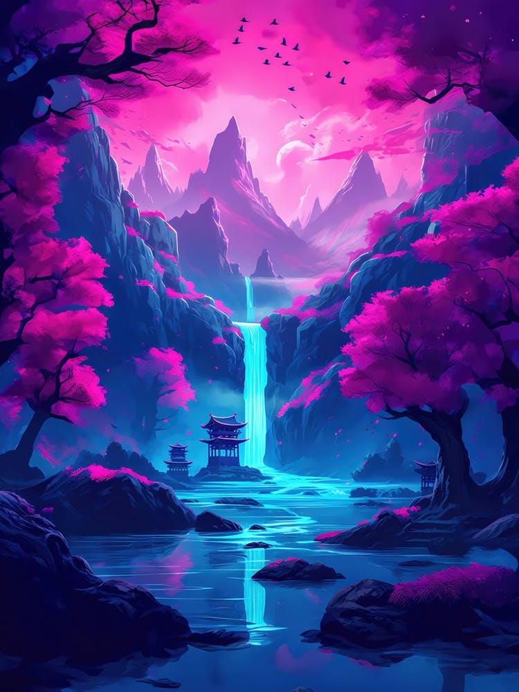 Neon Asian Cherry Blossom Waterfall Landscape