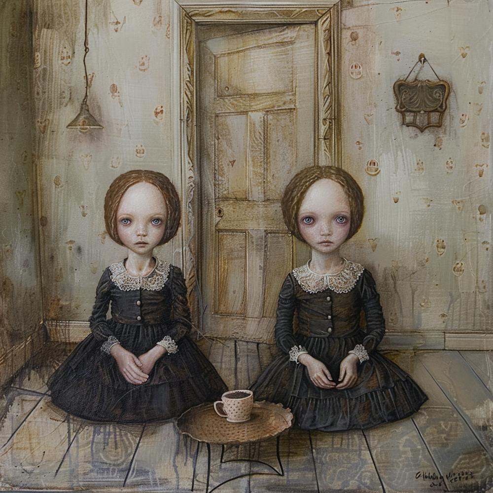 Surreal Painting of Doll's House Sisters.