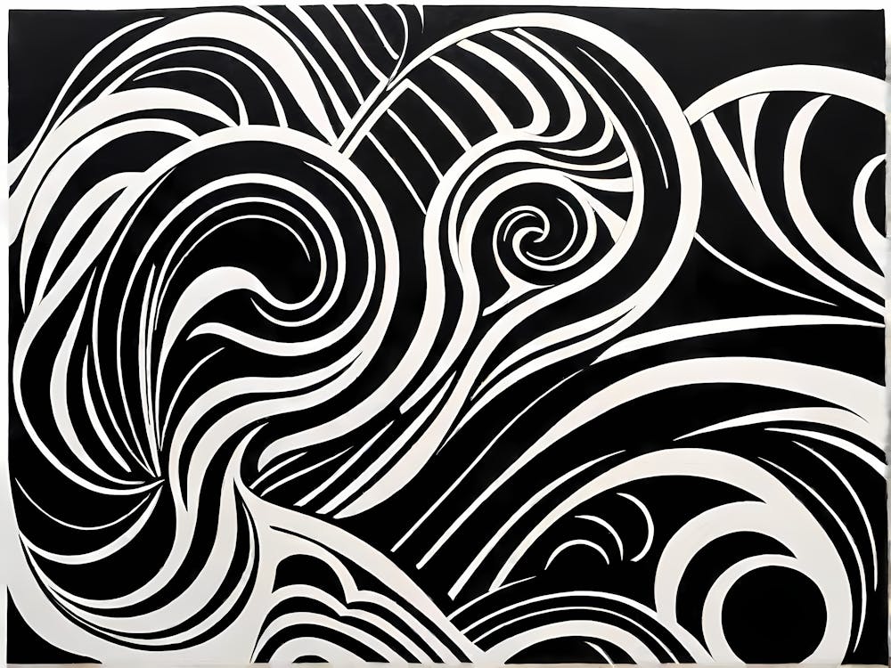 Retro Inspired Linocut Abstract Shapes Black And White Colors art, 186