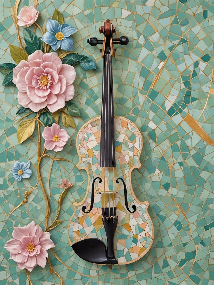 Mosaic Violin And Flowers no1
