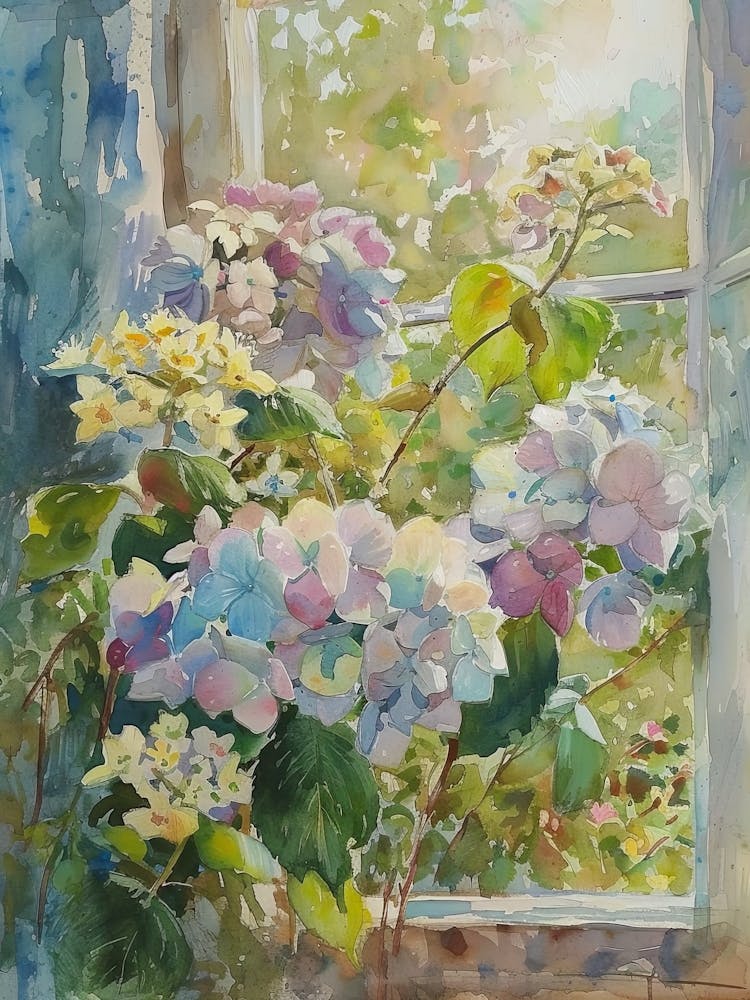 Hydrangea Flowers On A Cottage Window 2