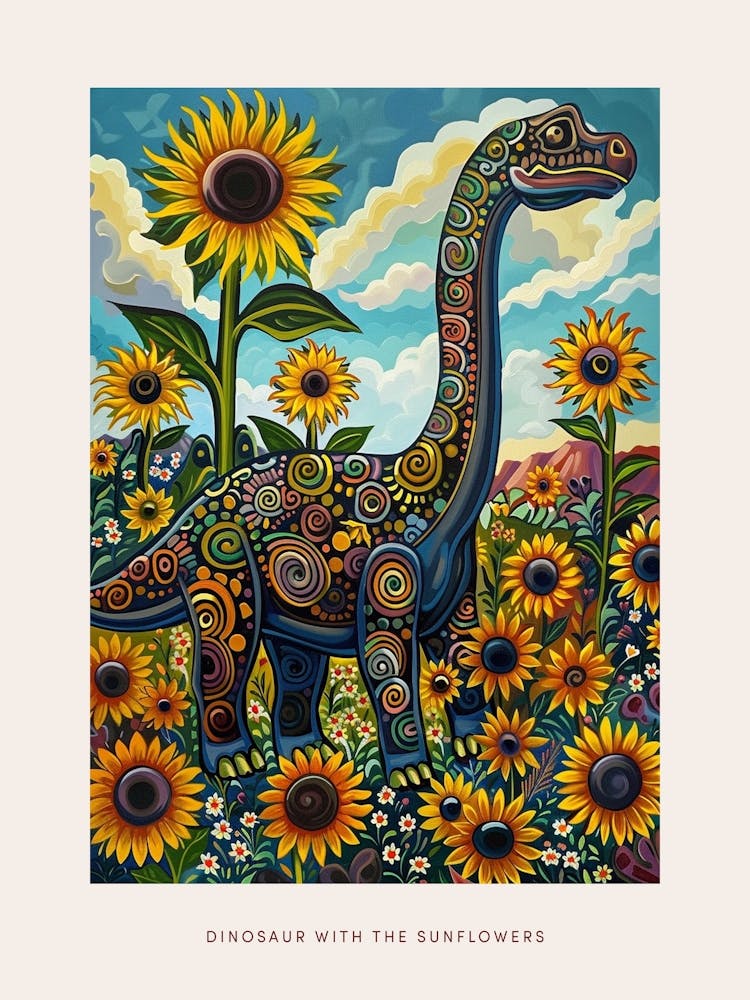 Dinosaur In A Sunflower Field Landscape Painting 2 Poster