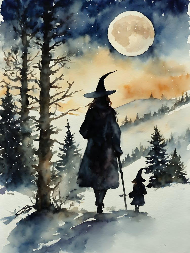 Let's Go To See The Moon (Little One) Mummy and Baby Witch Take Frosty Walk In The Snow On A Full Moon, Watercolour Painting, Artwork Pagan Witchy Witchcraft Fairytale Wheel of The Year, Solstice Winter