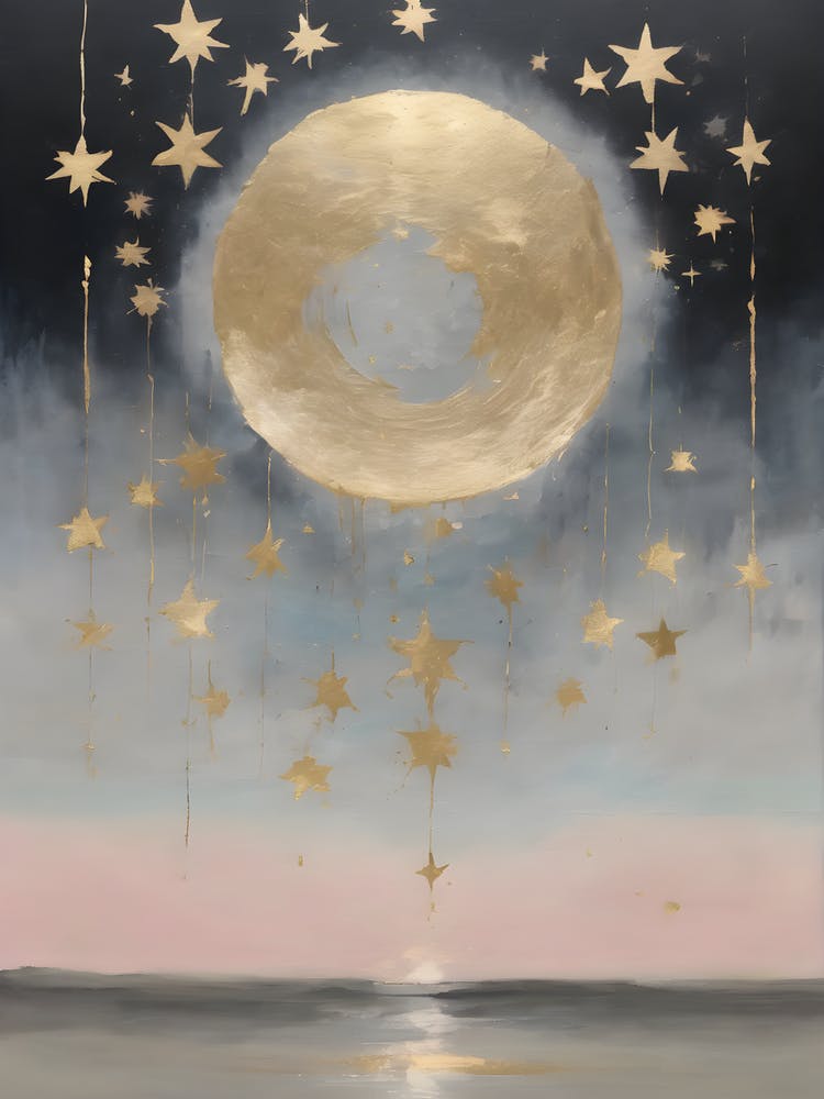 Wabi Sabi Dreams Collection 1 - Japanese Minimalism Abstract Moon Stars Mountains and Trees in Pale Neutral Pastels And Gold Leaf - Soul Scapes Nursery Baby Child or Meditation Room Tranquil Paintings For Serenity and Calm in Your Home