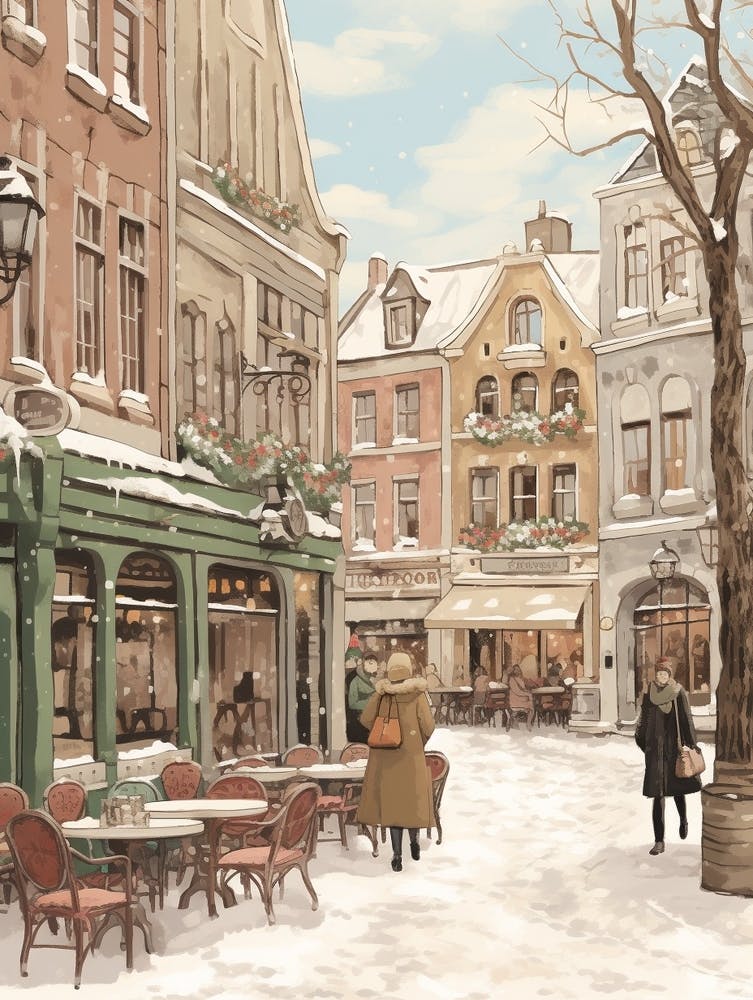 Vintage Winter Illustration Bruges Belgium 6