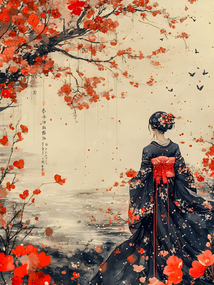 Elegant Japanese Woman in Kimono | Traditional Asian Art | Cherry Blossom Tree Painting
