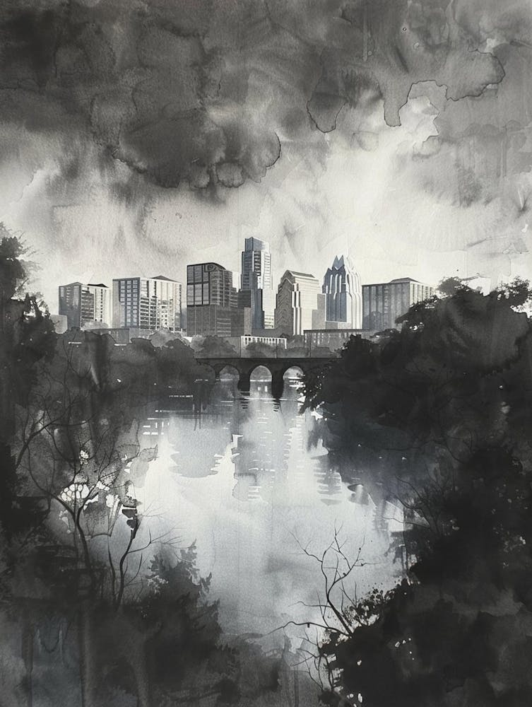 Skyline Austin Texas Black And White Watercolour 1
