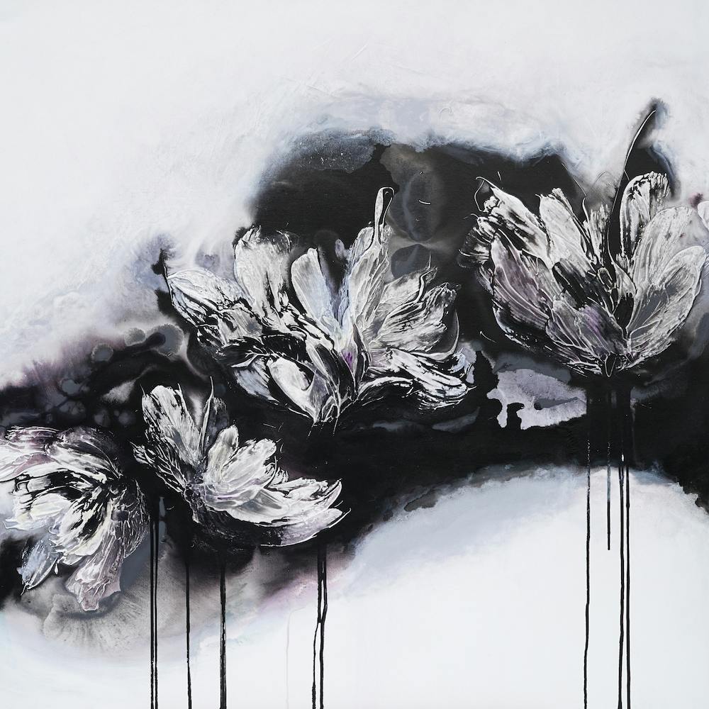 White And Black Flowers 1 Painting Square