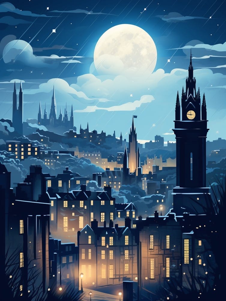 Winter Travel Night Illustration Edinburgh Scotland 1
