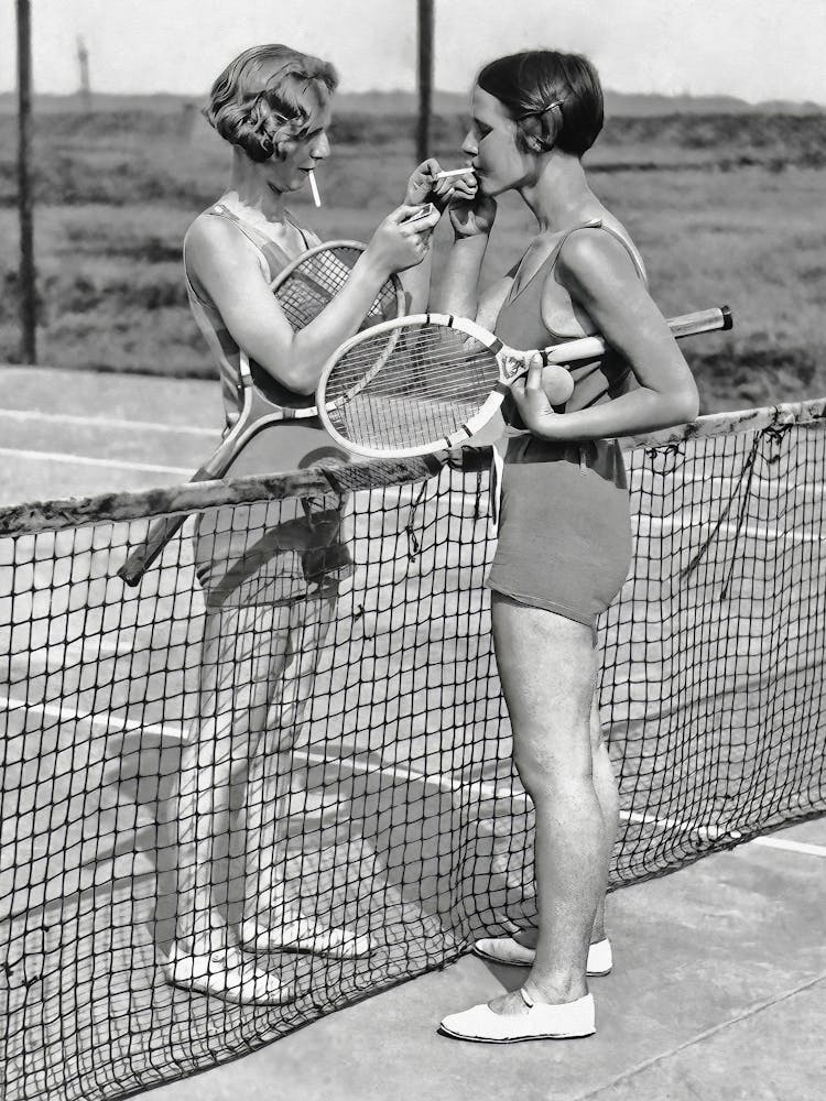 Two Women Playing Tennis Vintage Black and White Photo