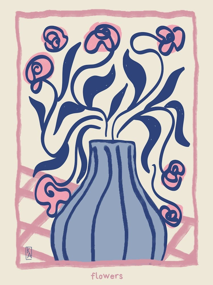Niedliche pink-beige abstrakte Blumen in einer Vase, Neutrales Retro-Poster, Blumenmarkt
