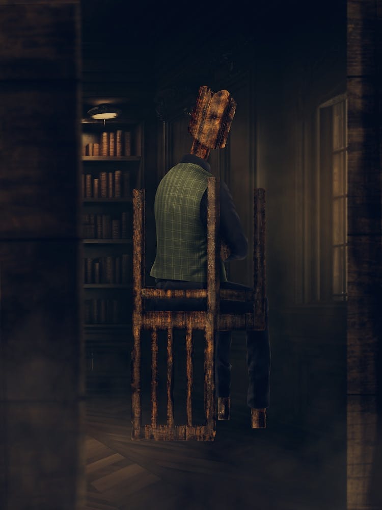 A Wooden Person Floats On An Overturned Chair